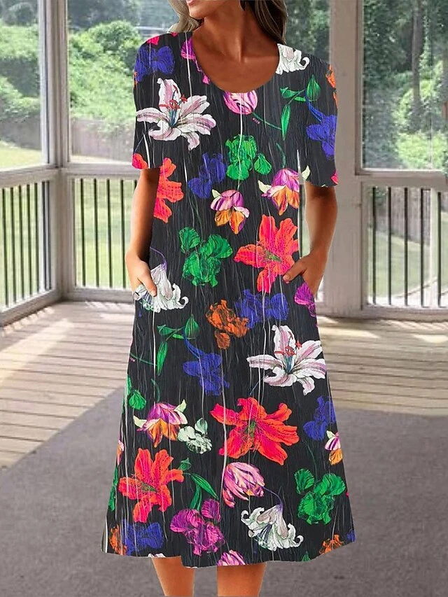 Women's Casual Dress Summer Dress Print Dress Floral Geometric Pocket Print Crew Neck Midi Dress Fashion Mature Outdoor Daily Short Sleeve Loose Fit Black White Red Summer Spring S M L XL XXL 3 Women's Casual Dress Summer Dress Print Dress Floral Geometric Pocket Print Crew Neck Midi Dress Fashion Mature Outdoor Daily Short Sleeve Loose Fit Black White Red Summer Spring S M L XL XXL - Image 3