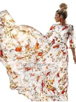 Women's Casual Dress Swing Dress Floral Dress Chiffon Spring Summer Dress Long Dress Maxi Dress Boho Dress Green Blue White 3/4 Length Sleeve Floral Print Crew Neck 2023 S M L XL XXL -Casual Print Dress Sales oddgup1635499745460