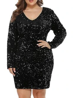 Women's Plus Size Curve Party Dress Sequin Dress Homecoming Dress Solid Color Plain Mini Dress Long Sleeve V Neck Fashion Party Black Wine Fall Winter XL XXL 3XL 4XL 5XL