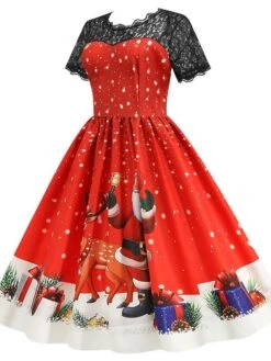 Women's Christmas Knee Length Dress Blue Purple Wine Green Black Red Short Sleeve Print Lace Print Fall Winter Round Neck CasualRegular Fit 2021 S M L XL XXL 3XL -Casual Print Dress Sales odgknj1632737572330