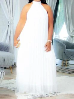 Women's Plus Size Curve Shift Dress Solid Color Halter Neck Ruched Sleeveless Spring Summer Basic Maxi Long Dress Casual Daily Dress -Casual Print Dress Sales odgpew1654676765946