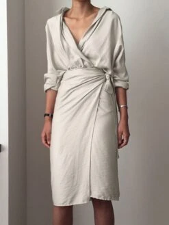 Women's Shirt Dress Wrap Dress Midi Dress Brown Dark Blue Beige Long Sleeve Pure Color Lace Summer Spring Deep V Elegant Winter Dress Fall Dress Loose Fit 2023 S M L XL -Casual Print Dress Sales odyboq1629948931287