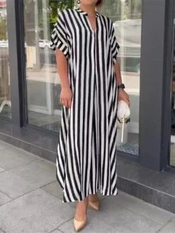 Women's Casual Dress Summer Dress Print Dress Stripe Button Print Split Neck Long Dress Maxi Dress Fashion Streetwear Outdoor Street Short Sleeve Loose Fit Black Red Blue Summer Spring S M L XL XXL -Casual Print Dress Sales odyids1687862797980