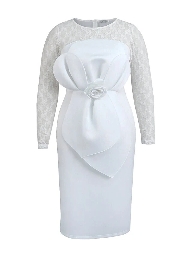 Women's Plus Size Curve Party Dress Lace Dress Bodycon Plain Midi Dress Long Sleeve Lace Bow Crew Neck Fashion Party White Fall Winter XL XXL 3XL 4XL 2 Women's Plus Size Curve Party Dress Lace Dress Bodycon Plain Midi Dress Long Sleeve Lace Bow Crew Neck Fashion Party White Fall Winter XL XXL 3XL 4XL - Image 2