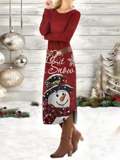 Women's Casual Dress Christmas Dress Winter Dress Snowman Print Crew Neck Midi Dress Fashion Streetwear Outdoor Christmas Long Sleeve Loose Fit Black Wine Blue Spring Fall S M L XL XXL
