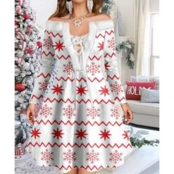 Women's Christmas Swing Dress Vintage Dress Mini Dress Green Light Green Wine Red Navy Blue White Long Sleeve Snowman Tree Snowflake Backless Feather Print Winter Fall Off Shoulder Vacation Stylish -Casual Print Dress Sales oefybe1667977591324