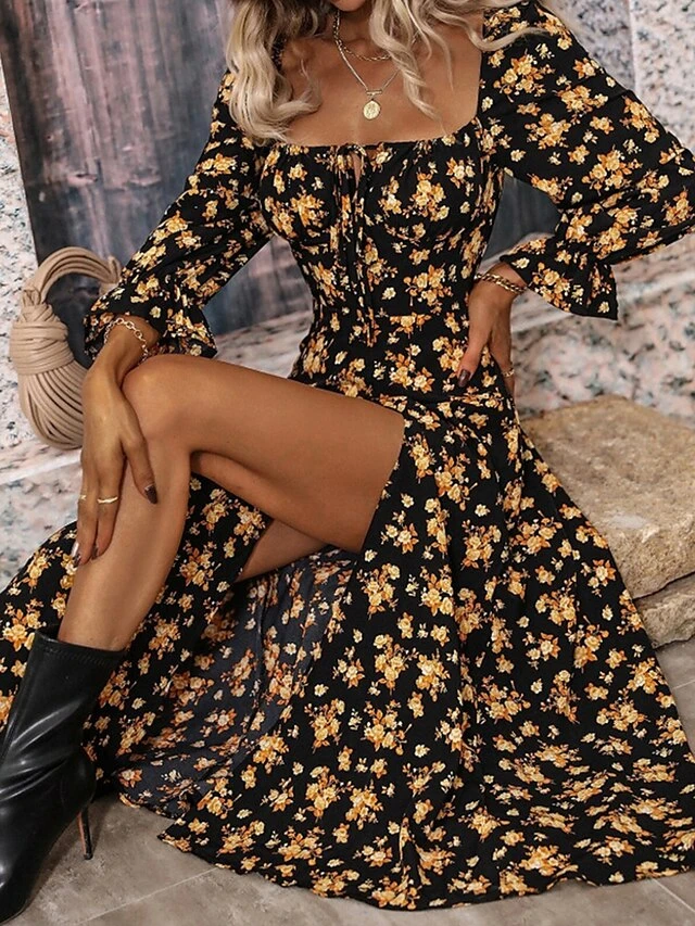 Women's Long Dress Maxi Dress Casual Dress Floral Dress Floral Casual Daily Holiday Vacation Split Print Long Sleeve Square Neck Dress Regular Fit White Blue Purple Summer Spring S M L XL 4 Women's Long Dress Maxi Dress Casual Dress Floral Dress Floral Casual Daily Holiday Vacation Split Print Long Sleeve Square Neck Dress Regular Fit White Blue Purple Summer Spring S M L XL - Image 4