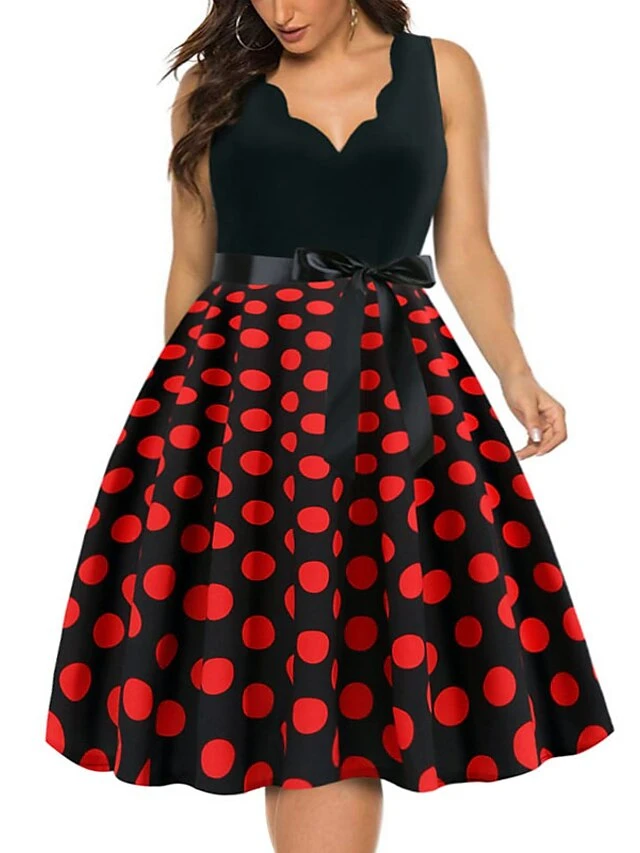 Women's Plus Size Curve Party Dress Polka Dot V Neck Bow Sleeveless Fall Spring Vintage 1950s Elegant Knee Length Dress Formal Party Dress 10 Women's Plus Size Curve Party Dress Polka Dot V Neck Bow Sleeveless Fall Spring Vintage 1950s Elegant Knee Length Dress Formal Party Dress - Image 10