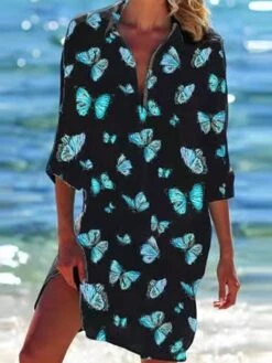 Women's Shirt Dress Beach Dress Beach Wear Mini Dress Button Pocket Fashion Casual Butterfly Turndown 3/4 Length Sleeve Loose Fit Outdoor Daily Black Green 2023 Spring Summer S M L XL -Casual Print Dress Sales ofnige1676892741625