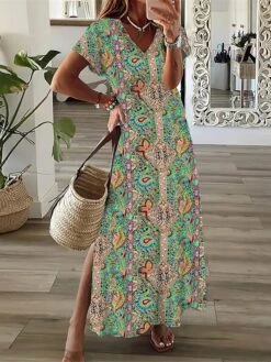 Women's Casual Dress A Line Dress Summer Dress Floral Split Print V Neck Long Dress Maxi Dress Fashion Streetwear Outdoor Daily Short Sleeve Regular Fit White Blue Purple Summer Spring S M L XL XXL -Casual Print Dress Sales ogbjws1689075130071