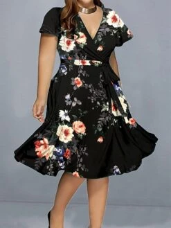 Women‘s Plus Size Curve Casual Dress A Line Dress Floral Midi Dress Short Sleeve Print V Neck Elegant Daily Black White Summer Spring L XL XXL 3XL 4XL