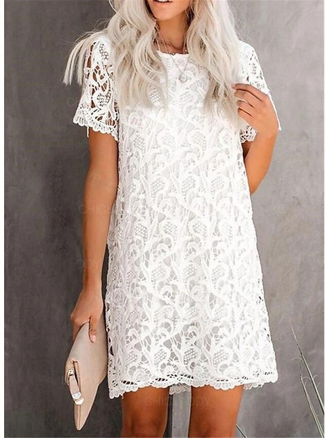 Women's Party Dress Lace Dress T Shirt Dress Tee Dress Mini Dress White Short Sleeve Pure Color Lace Summer Spring Crew Neck Casual 2022 S M L XL XXL 1 Women's Party Dress Lace Dress T Shirt Dress Tee Dress Mini Dress White Short Sleeve Pure Color Lace Summer Spring Crew Neck Casual 2022 S M L XL XXL