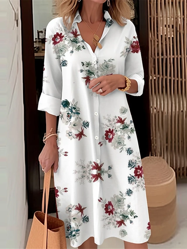 Women's Shirt Dress Casual Dress Midi Dress Outdoor Daily Date Polyester Fashion Modern Shirt Collar Button Pocket Long Sleeve Fall Winter 2023 Loose Fit Black White Wine Floral S M L XL 2XL 5 Women's Shirt Dress Casual Dress Midi Dress Outdoor Daily Date Polyester Fashion Modern Shirt Collar Button Pocket Long Sleeve Fall Winter 2023 Loose Fit Black White Wine Floral S M L XL 2XL - Image 5