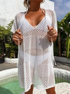 Women's Cover Up Beach Dress Beach Wear Mini Dress Hole Casualy Plain V Neck Short Sleeve Loose Fit Outdoor Daily Black White 2023 Spring Summer One Size