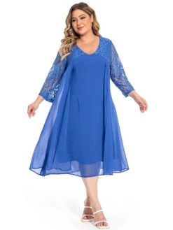 Women‘s Plus Size Curve Party Dress Lace Dress Work Dress Midi Dress Blue 3/4 Length Sleeve Pure Color Lace Summer Spring Fall V Neck Fashion Wedding Guest Summer Dress 2023 L XL XXL 3XL 4XL 5XL -Casual Print Dress Sales oidwrt1694768966423