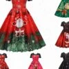 Women's Christmas Swing Dress Vintage DressKnee Length Dress Green Wine Dark Green Fuchsia Red Black Short Sleeve Santa Claus Snowman Snowflake Lace Print Fall Winter V Neck Vacation Vintage 2022 S