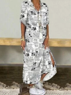 Women's Shirt Dress Swing Dress Maxi Long Dress Outdoor Daily Vacation Cotton Linen Stylish Modern Shirt Collar Split Print Short Sleeve Summer Spring 2023 Loose Fit Black Red Blue Geometric Letter