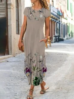 Women's Casual Dress Shift Dress Summer Dress Floral Pocket Split Crew Neck Long Dress Maxi Dress Fashion Streetwear Outdoor Daily Short Sleeve Regular Fit Navy Blue Blue Green Summer Spring S M L XL