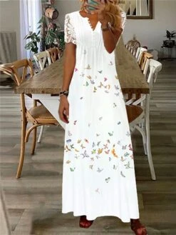 Women's Long Dress Maxi Dress Casual Dress Summer Dress Print Dress Floral Butterfly Fashion Streetwear Outdoor Daily Date Lace Print Short Sleeve V Neck Dress Loose Fit White Blue Green Summer Spring -Casual Print Dress Sales okvrzt1678270463374
