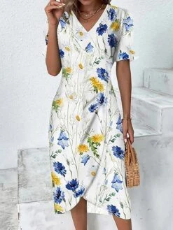 Women's Casual Dress Sheath Dress Wrap Dress Floral Asymmetrical Print V Neck Midi Dress Active Fashion Outdoor Street Short Sleeve Loose Fit Yellow Pink Red Summer Spring S M L XL XXL -Casual Print Dress Sales okvuzm1683865182616