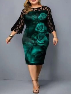 Women‘s Plus Size Curve Flattering Dresses Elegant Apple Shaped Dress Wedding Guest Party Dress Print Crew Neck Sleeve Spring Fall Work Casual Prom Dress Midi Dress Daily Work Dress