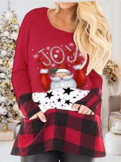 Women's Plus Size Christmas T Shirt Dress Tee Dress Plaid Crew Neck Print Long Sleeve Spring Fall Casual Mini Dress Daily Dress -Casual Print Dress Sales ologzl1668152056644