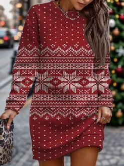 Women's Casual Dress Christmas Dress Sweatshirt Dress Geometric Snowflake Print Crew Neck Mini Dress Fashion Streetwear Outdoor Christmas Long Sleeve Loose Fit Pink Wine Red Fall Winter S M L XL XXL