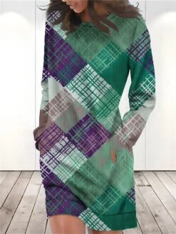 Women's Casual Dress Sweatshirt Dress Winter Dress Geometric Plaid Pocket Print Crew Neck Mini Dress Fashion Streetwear Outdoor Daily Long Sleeve Loose Fit Yellow Brown Green Fall Winter S M L XL XXL -Casual Print Dress Sales olqfta1694502771561