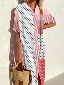 Women's Shirt Dress Casual Dress Midi Dress Outdoor Office Daily Polyester Fashion Modern Shirt Collar Button Print 3/4 Length Sleeve Summer Spring Fall 2023 Loose Fit Black White Yellow Geometric -Casual Print Dress Sales oltxsa1691045270353