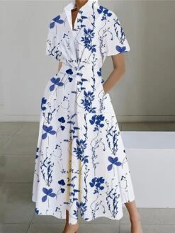 Women's Shirt Dress Casual Dress Swing Dress Maxi Long Dress Outdoor Office Daily Polyester Fashion Modern Shirt Collar Button Pocket Short Sleeve Summer Spring 2023 Loose Fit White Pink Navy Blue