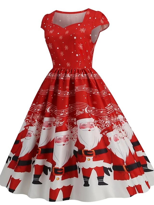 Women's Christmas Swing Dress Vintage DressKnee Length Dress Blue Wine Red Light BlueShort Sleeve Santa Claus Snowman Tree Print Fall Winter Square Neck Vintage Elegant Slim 2022 S M L XL 3 Women's Christmas Swing Dress Vintage DressKnee Length Dress Blue Wine Red Light BlueShort Sleeve Santa Claus Snowman Tree Print Fall Winter Square Neck Vintage Elegant Slim 2022 S M L XL - Image 3