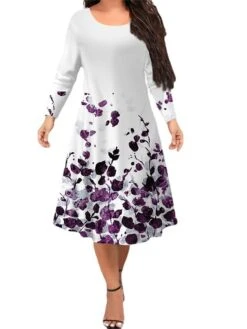 Women‘s Plus Size Curve Work Dress Floral Crew Neck Long Sleeve Winter Fall Fashion Elegant Modern Midi Dress Office Work Dress -Casual Print Dress Sales omhbet1670470614679