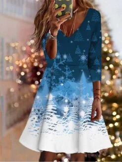 Women's Christmas Swing Dress Vintage Dress Mini Dress Wine Light Red Dark Blue Long Sleeve Deer Patchwork Winter Fall Autumn V Neck Vacation 2022 S M L XL XXL 3XL 4XL 5XL 6XL -Casual Print Dress Sales omhdfq1667904077247