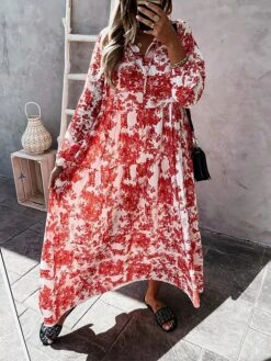 Women's Casual Dress Swing Dress Print Dress Floral Ruched Print V Neck Long Dress Maxi Dress Fashion Streetwear Outdoor Street Long Sleeve Loose Fit Red Blue Green Fall Winter S M L XL XXL -Casual Print Dress Sales omwldb1694066133359