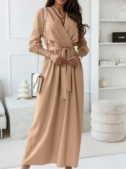 Women's Casual Dress Swing Dress Church Dress Long Dress Maxi Dress Pink Red Blue Long Sleeve Pure Color Lace Up Fall Winter Autumn V Neck Elegant Winter Dress Fall Dress 2023 S M L XL XXL 3XL