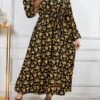 Women's Plus Size Curve Party Dress Swing Dress Empire Waist Dresses Long Dress Maxi Dress Black Long Sleeve Floral Print Spring Fall Winter V Neck Fashion Winter Dress Birthday Wedding Guest XL XXL