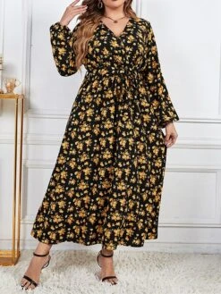 Women's Plus Size Curve Party Dress Swing Dress Empire Waist Dresses Long Dress Maxi Dress Black Long Sleeve Floral Print Spring Fall Winter V Neck Fashion Winter Dress Birthday Wedding Guest XL XXL