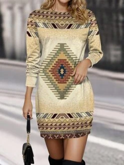 Women's Casual Dress Sweatshirt Dress Mini Dress Warm Daily Outdoor Vacation Going Out Crew Neck Print Geometric Regular Fit Khaki S M L XL XXL