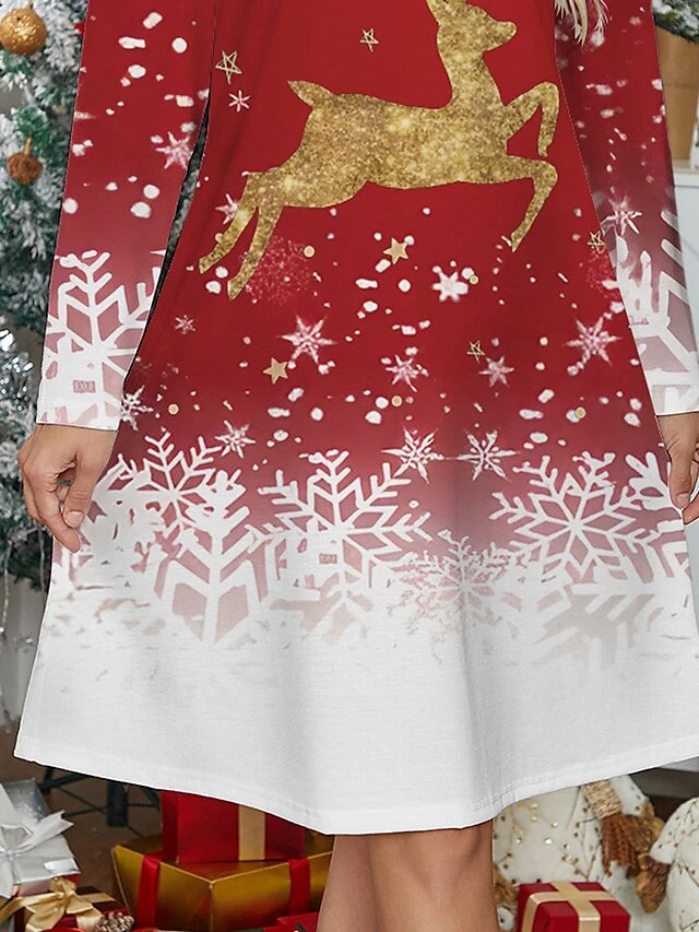 Women's Casual Dress Christmas Dress Winter Dress Reindeer Snowflake Print Scalloped Neck Mini Dress Fashion Streetwear Outdoor Christmas Long Sleeve Regular Fit Wine Fall Winter S M L XL XXL 3 Women's Casual Dress Christmas Dress Winter Dress Reindeer Snowflake Print Scalloped Neck Mini Dress Fashion Streetwear Outdoor Christmas Long Sleeve Regular Fit Wine Fall Winter S M L XL XXL - Image 3
