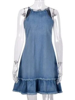 Women's Denim Dress Mini Dress Denim Hot Casual Daily Vacation Halter Ruffle Sleeveless Summer Spring Fall 2022 Loose Fit Light Blue Pure Color S M L XL -Casual Print Dress Sales opkqhn1631097877107