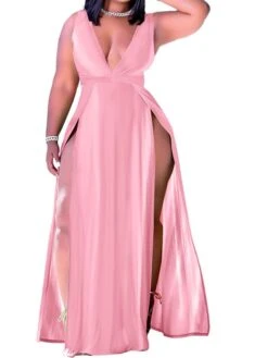 Women‘s Plus Size Curve Holiday Dress Solid Color V Neck Ruched Sleeveless Spring Summer Prom Dress Maxi Long Dress Daily Holiday Dress Split -Casual Print Dress Sales oppltw1641980953862