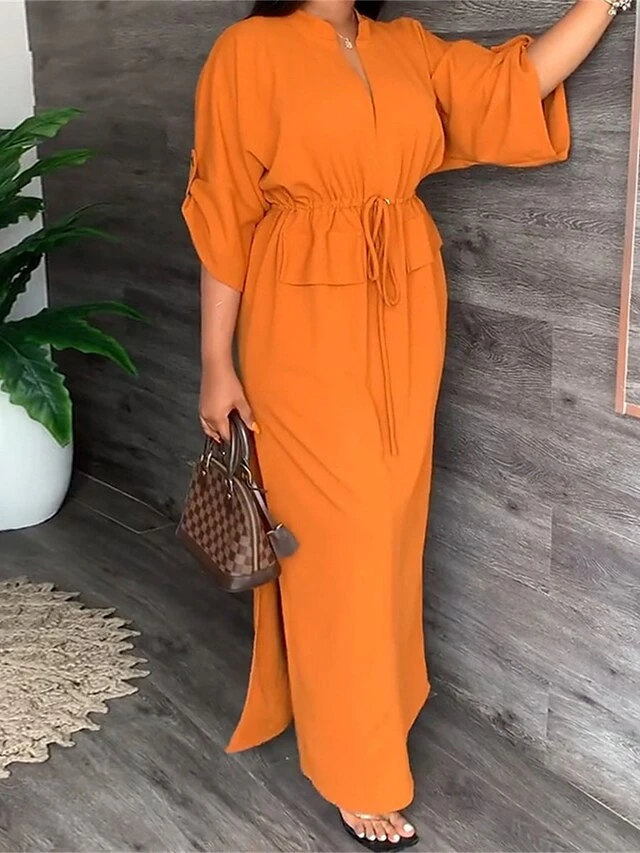 Women‘s Plus Size Curve Casual Dress Solid Color Long Dress Maxi Dress 3/4 Length Sleeve Lace Up Button V Neck Fashion Daily Camel Black Spring Summer L XL XXL 3XL 1 Women‘s Plus Size Curve Casual Dress Solid Color Long Dress Maxi Dress 3/4 Length Sleeve Lace Up Button V Neck Fashion Daily Camel Black Spring Summer L XL XXL 3XL