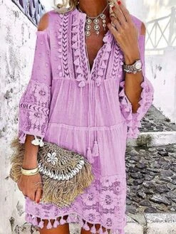 Women's Shift Dress Boho Dress Mini Dress White Yellow Pink 3/4 Length Sleeve Pure Color Tassel Fringe Summer Spring V Neck Vacation Loose Fit 2023 S M L XL XXL 3XL 4XL 5XL