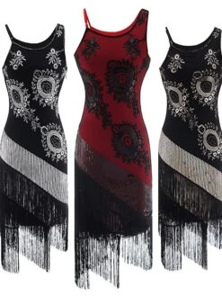 Women's Retro 1920s Fringe Dress Midi Dress Party Halloween Sequins Tassel Fringe Floral Spaghetti Strap Sleeveless Regular Fit Spring Fall 2023 Silver Red S M L XL
