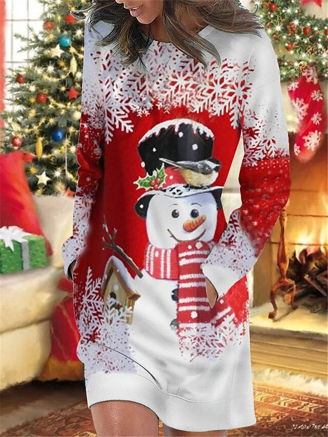 Women's Christmas Casual Dress Sweatshirt Dress Mini Dress Warm Fashion OutdoorHoliday Crew Neck Pocket Print Snowman Snowflake Loose Fit Red Purple Green S M L XL XXL 1 Women's Christmas Casual Dress Sweatshirt Dress Mini Dress Warm Fashion OutdoorHoliday Crew Neck Pocket Print Snowman Snowflake Loose Fit Red Purple Green S M L XL XXL