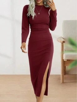 Women's Casual Dress Bodycon Sheath Dress Midi Dress Split Outdoor Street Daily Fashion Streetwear Crew Neck Long Sleeve 2023 Regular Fit Black Wine Green Color S M L XL XXL Size -Casual Print Dress Sales ortxvl1692259857397