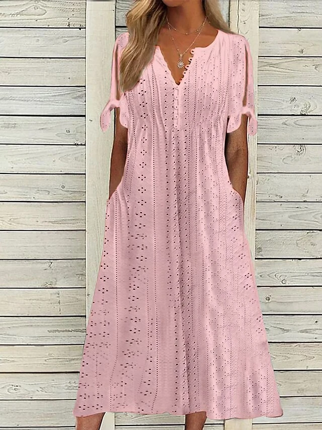 Women's Casual Dress Summer Dress Pleated Dress Plain Lace Ruched V Neck Midi Dress Fashion Elegant Outdoor Daily Short Sleeve Loose Fit White Pink Blue Summer Spring S M L XL XXL 4 Women's Casual Dress Summer Dress Pleated Dress Plain Lace Ruched V Neck Midi Dress Fashion Elegant Outdoor Daily Short Sleeve Loose Fit White Pink Blue Summer Spring S M L XL XXL - Image 4