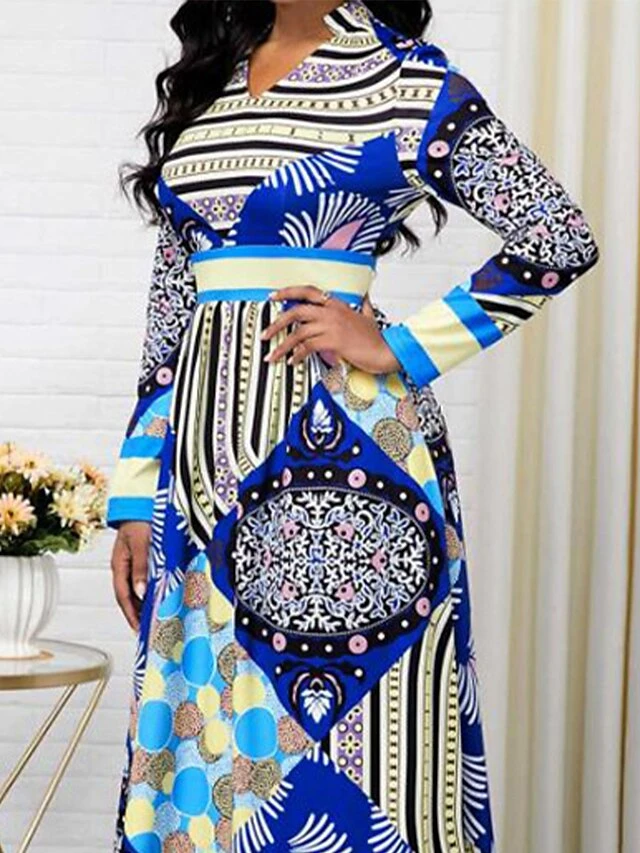 Women's Casual Dress Sheath Dress Boho Dress Print Tribal Print V Neck Long Dress Maxi Dress Active Fashion Outdoor Street Long Sleeve Regular Fit Blue Fall S M L XL XXL 3 Women's Casual Dress Sheath Dress Boho Dress Print Tribal Print V Neck Long Dress Maxi Dress Active Fashion Outdoor Street Long Sleeve Regular Fit Blue Fall S M L XL XXL - Image 3