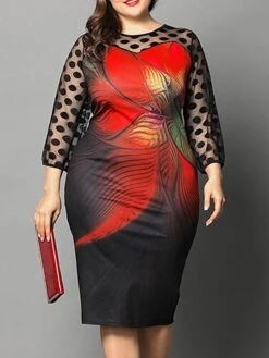 Women‘s Plus Size Curve Party Dress Cocktail Dress Sheath Dress Midi Dress Black Red Fuchsia 3/4 Length Sleeve Floral Mesh Summer Spring Fall Crew Neck Fashion Wedding Guest Vacation Fall Dress -Casual Print Dress Sales osynxw1691399926635