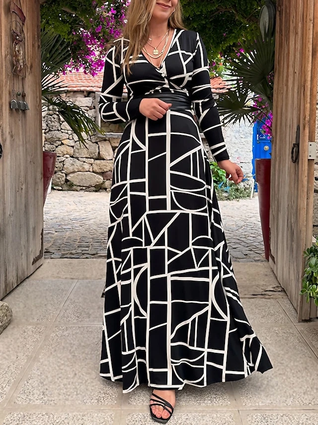 Women's Casual Dress Swing Dress A Line Dress Geometric Color Block Print V Neck Long Dress Maxi Dress Fashion Streetwear Outdoor Daily Long Sleeve Loose Fit Black Spring Fall S M L XL XXL 1 Women's Casual Dress Swing Dress A Line Dress Geometric Color Block Print V Neck Long Dress Maxi Dress Fashion Streetwear Outdoor Daily Long Sleeve Loose Fit Black Spring Fall S M L XL XXL